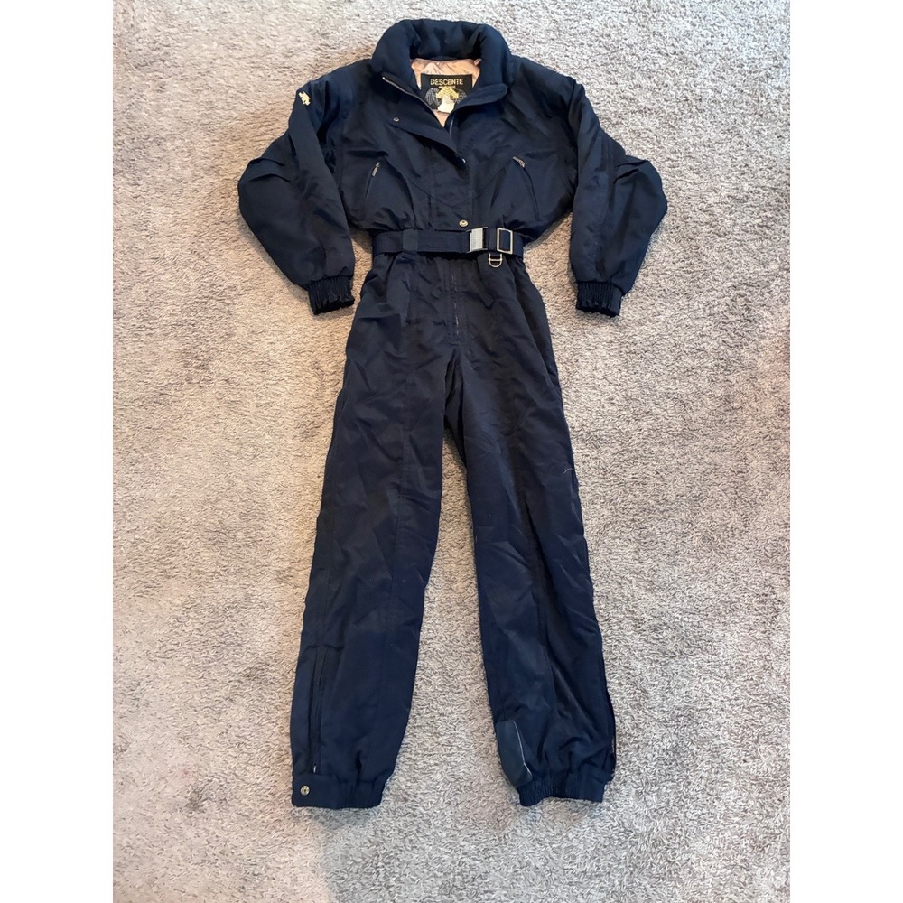 Vintage DESCENTE Womens One-Piece Snowsuit Ski Suit US 10 Navy Belted 1990s